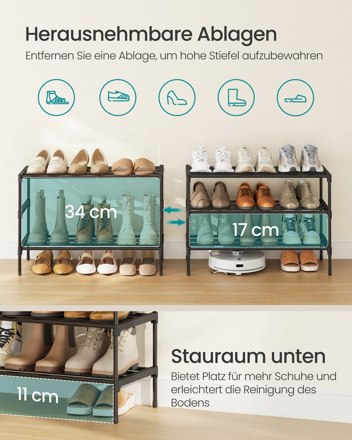 Schuhregal Metall schwarz 3 Ebenen 62,3x30x55 cm stapelbar