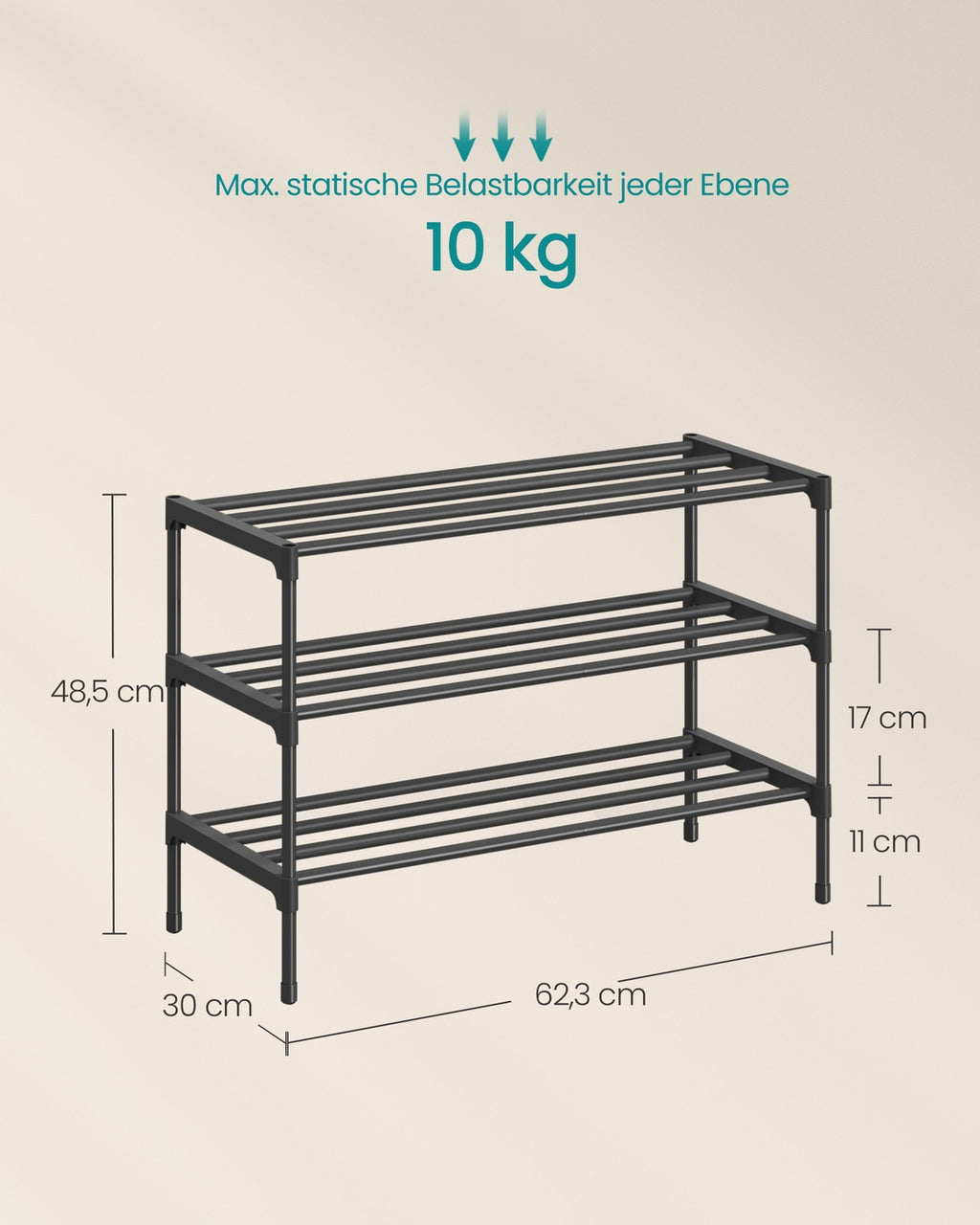 Schuhregal Metall schwarz 3 Ebenen 62,3x30x55 cm stapelbar