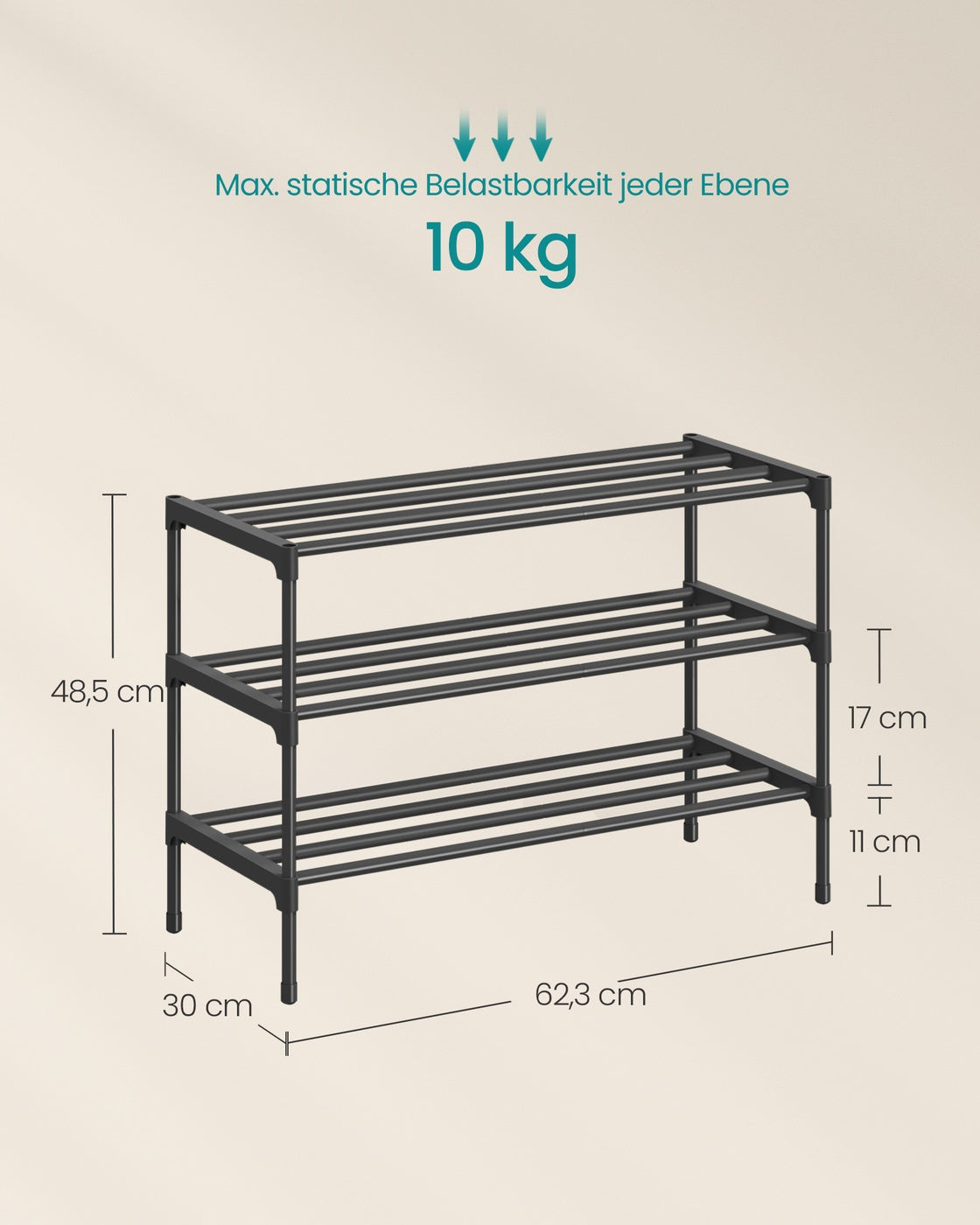 Schuhregal Metall schwarz 3 Ebenen 62,3x30x55 cm stapelbar