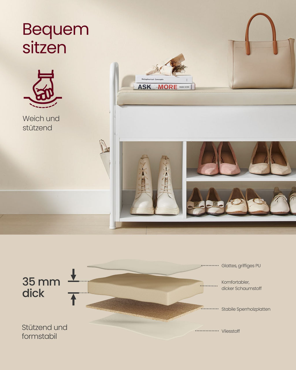 Schuhbank mit Sitzfläche und Stauraum cappuccinobeige