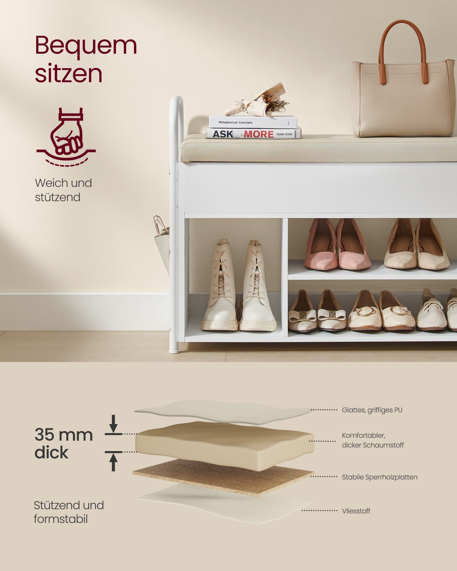 Schuhbank mit Sitzfläche und Stauraum cappuccinobeige