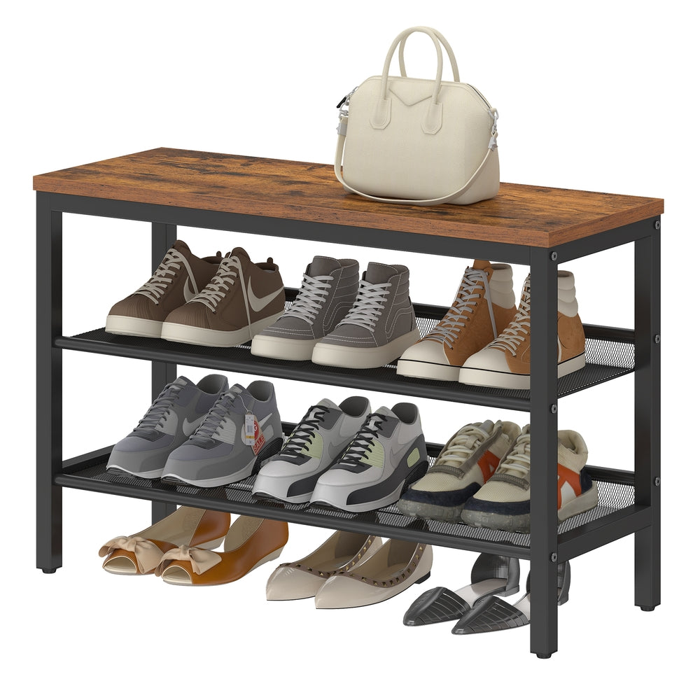 Sitzbank mit 3 Ebenen im Industrie-Stil, Schuhregal für Flur, Tan-Schwarz