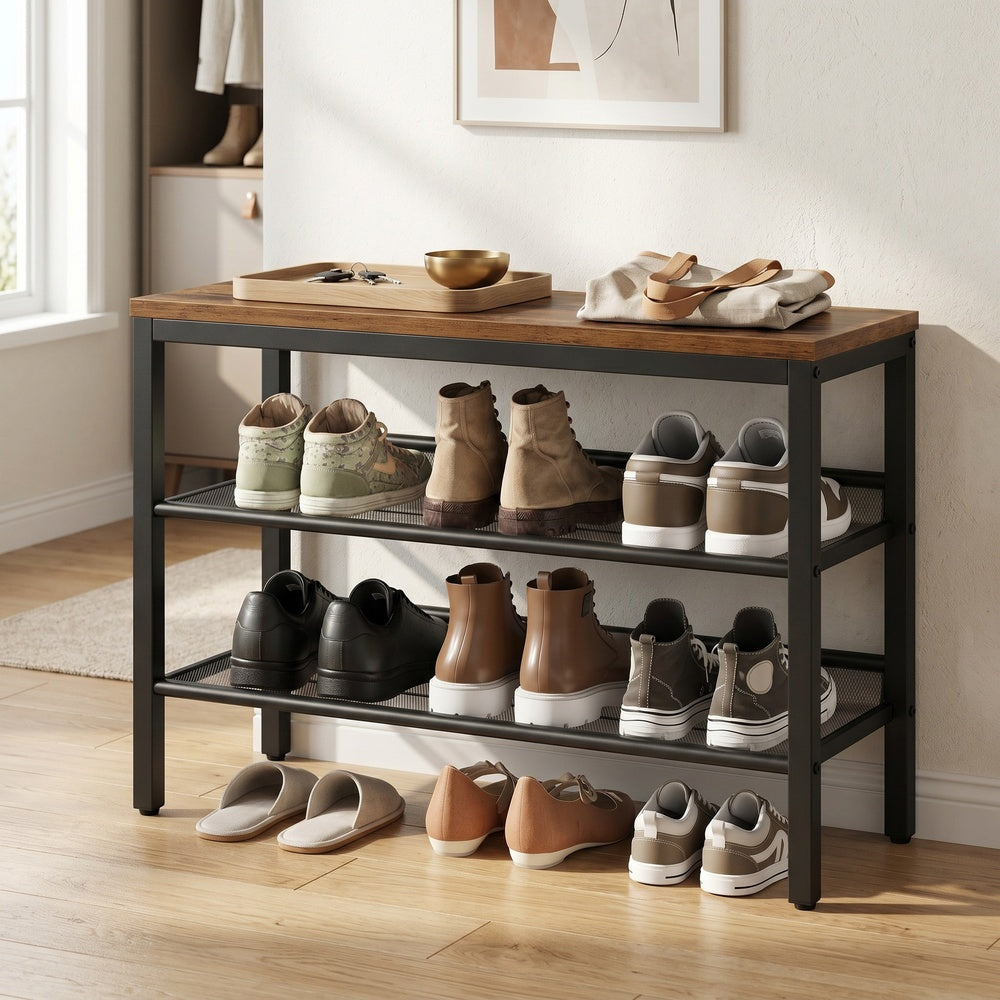 Sitzbank mit 3 Ebenen im Industrie-Stil, Schuhregal für Flur, Tan-Schwarz