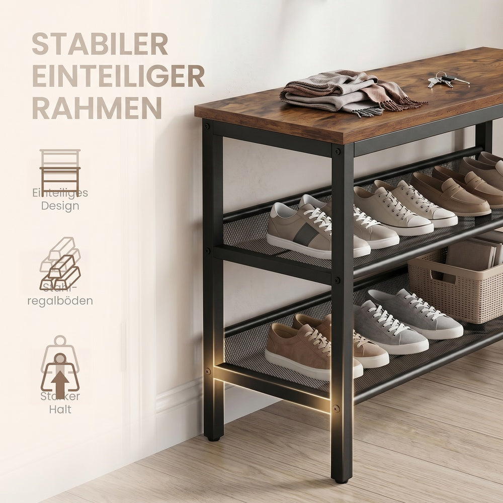 Sitzbank mit 3 Ebenen im Industrie-Stil, Schuhregal für Flur, Tan-Schwarz