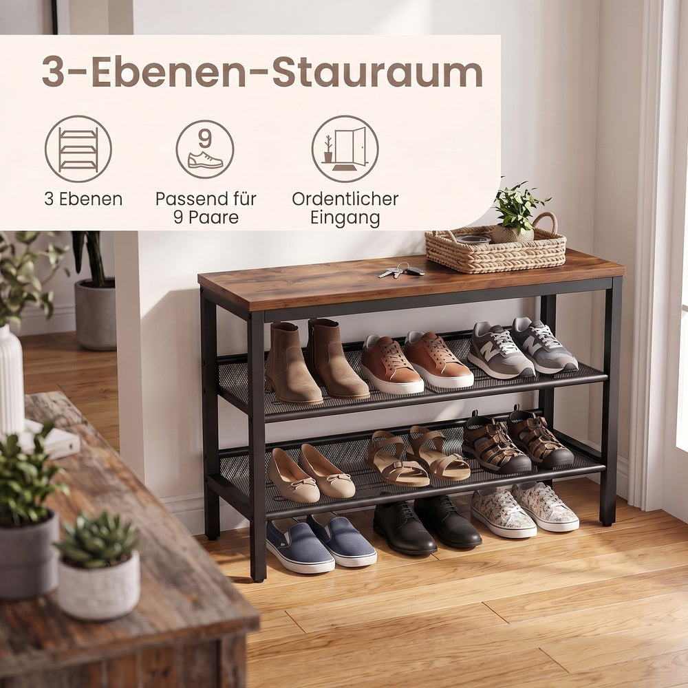 Sitzbank mit 3 Ebenen im Industrie-Stil, Schuhregal für Flur, Tan-Schwarz