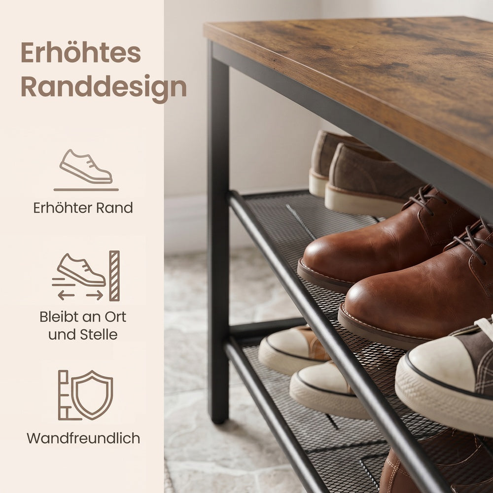 Sitzbank mit 3 Ebenen im Industrie-Stil, Schuhregal für Flur, Tan-Schwarz