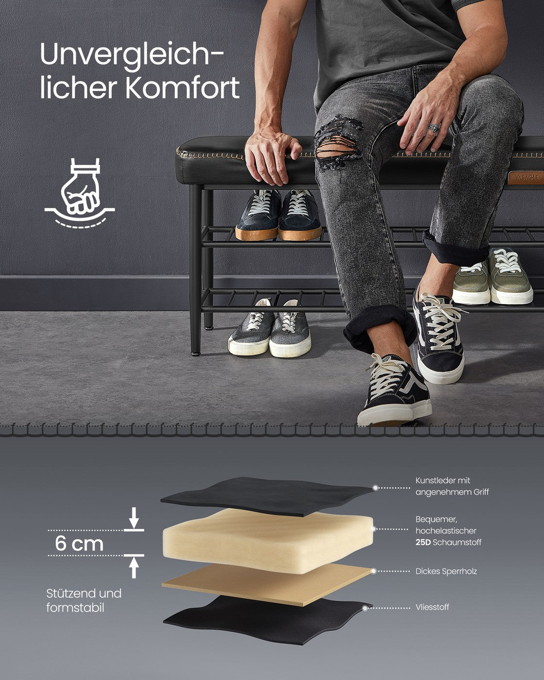 EKHO Kollektion Schuhbank mit Nähten 30 x 100 x 50 cm tintenschwarz