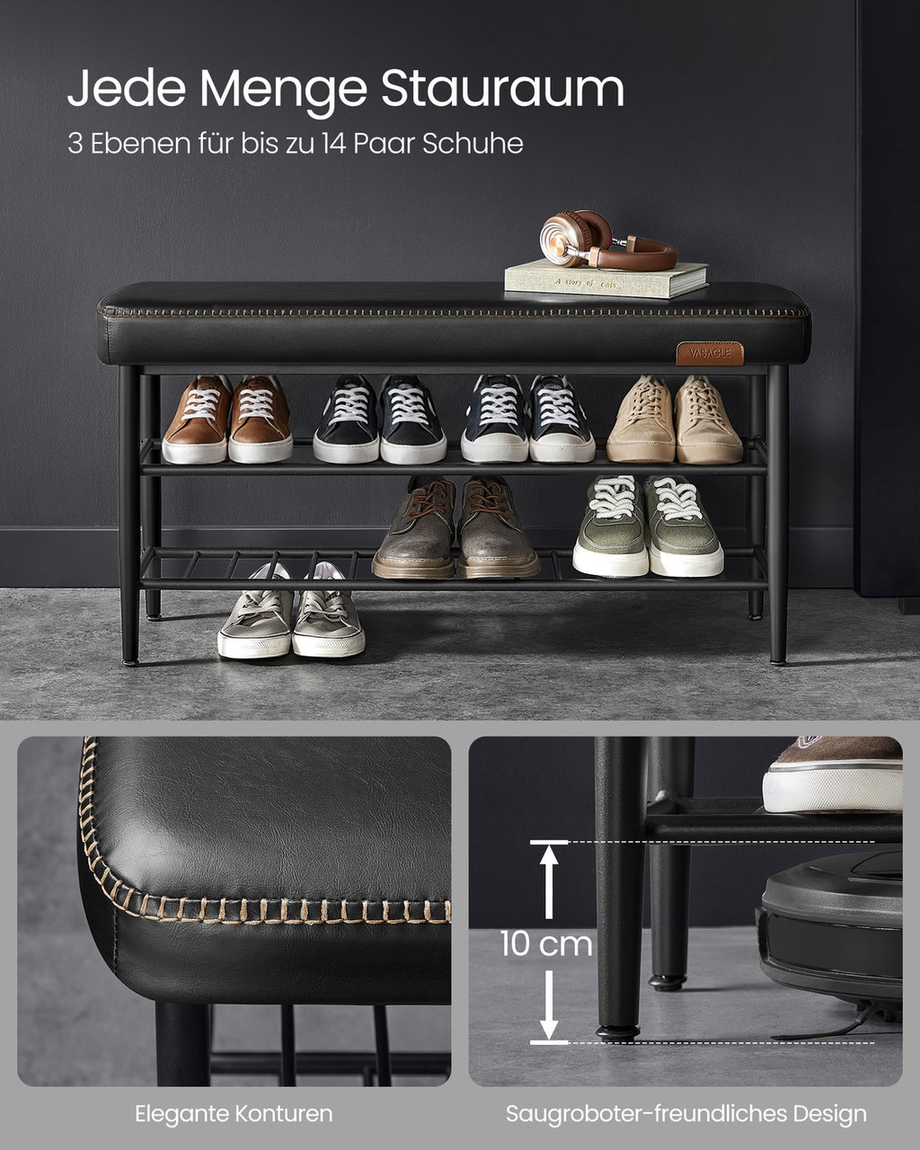 EKHO Kollektion Schuhbank mit Nähten 30 x 100 x 50 cm tintenschwarz