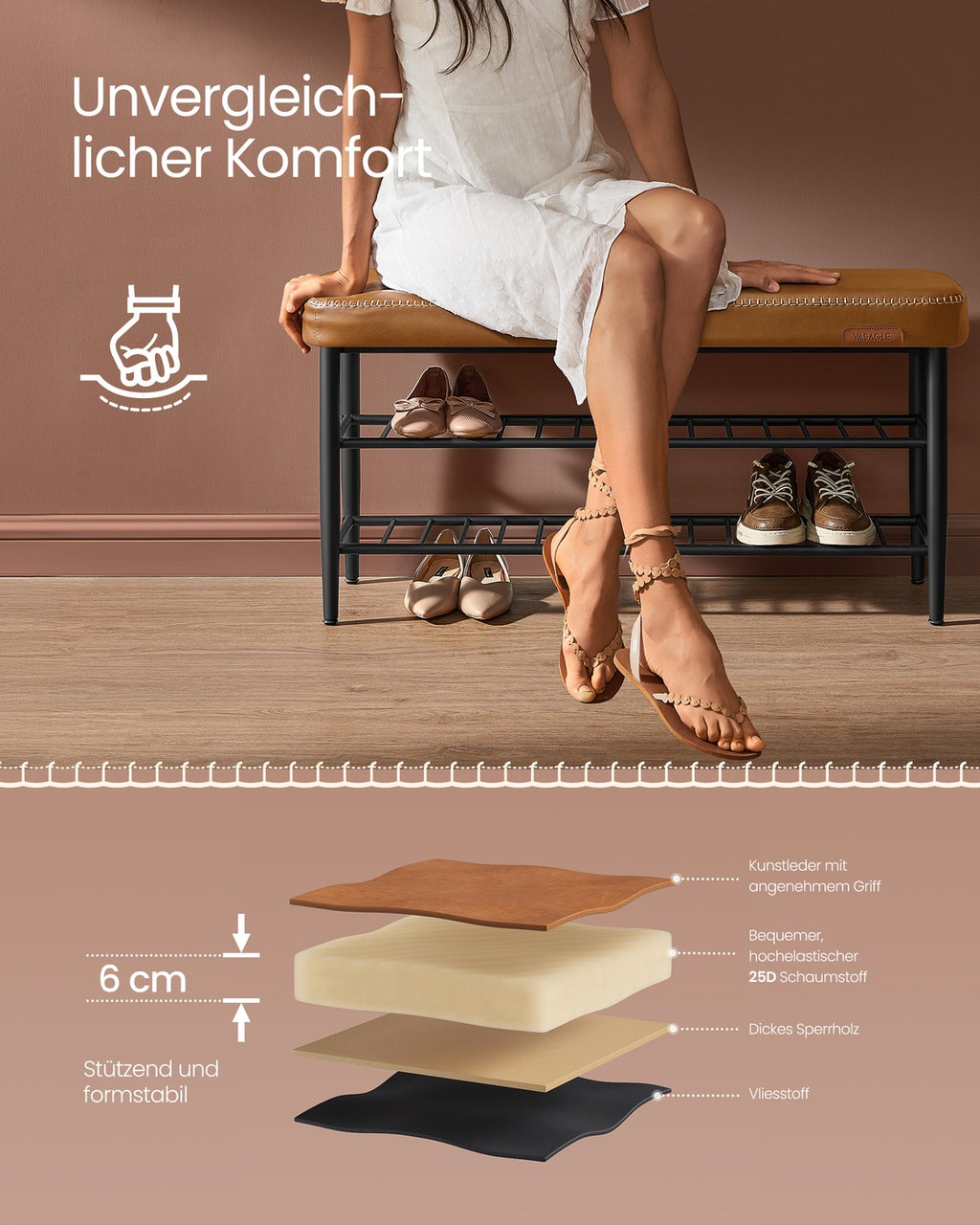 EKHO Kollektion Schuhbank mit Nähten 30 x 100 x 50 cm karamellbraun