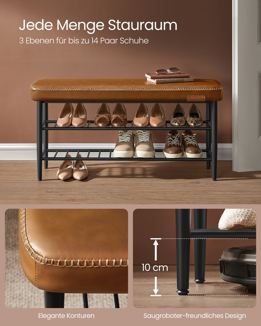 EKHO Kollektion Schuhbank mit Nähten 30 x 100 x 50 cm karamellbraun