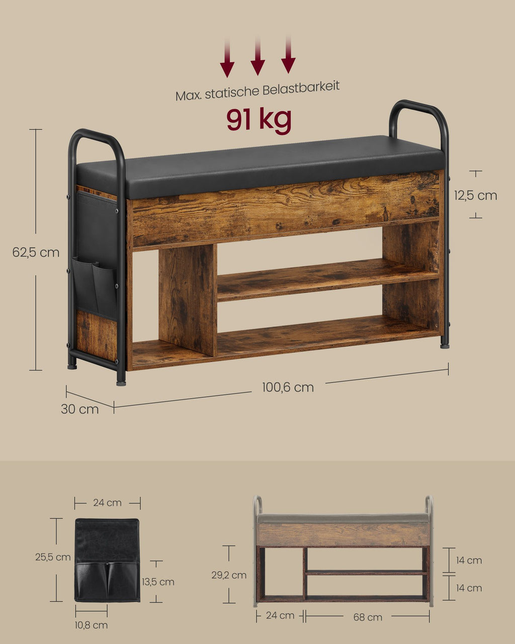 Schuhbank mit Sitzfläche und Tragegriffen 100,6 cm breit