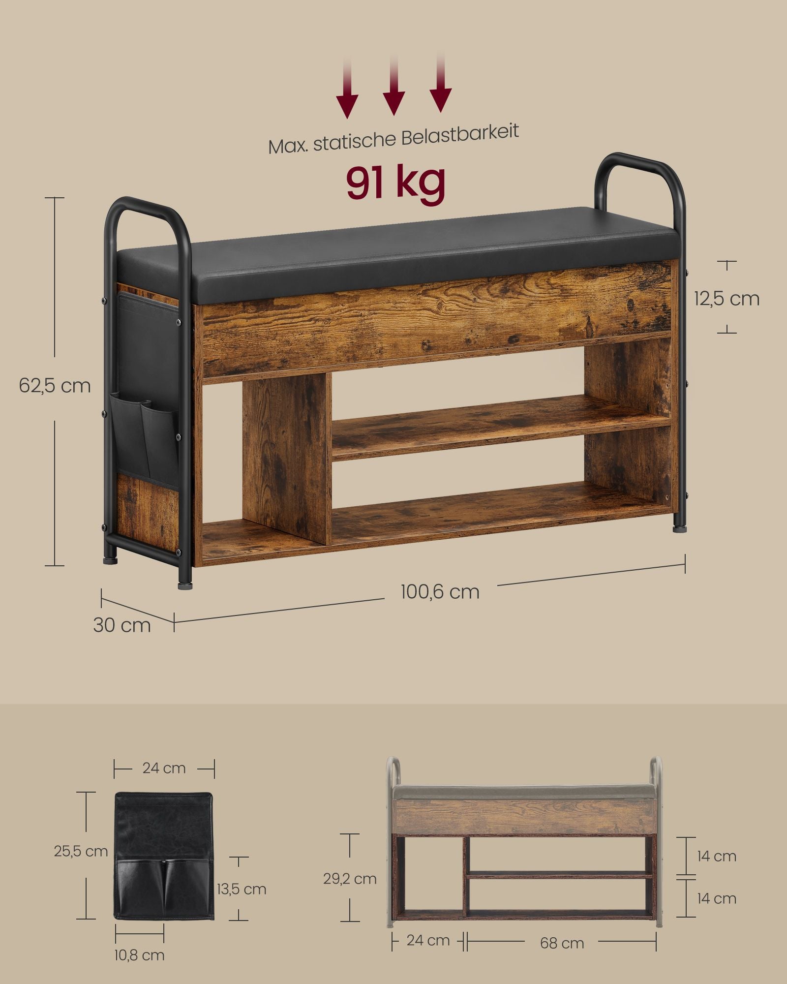Schuhbank mit Sitzfläche und Tragegriffen 100,6 cm breit