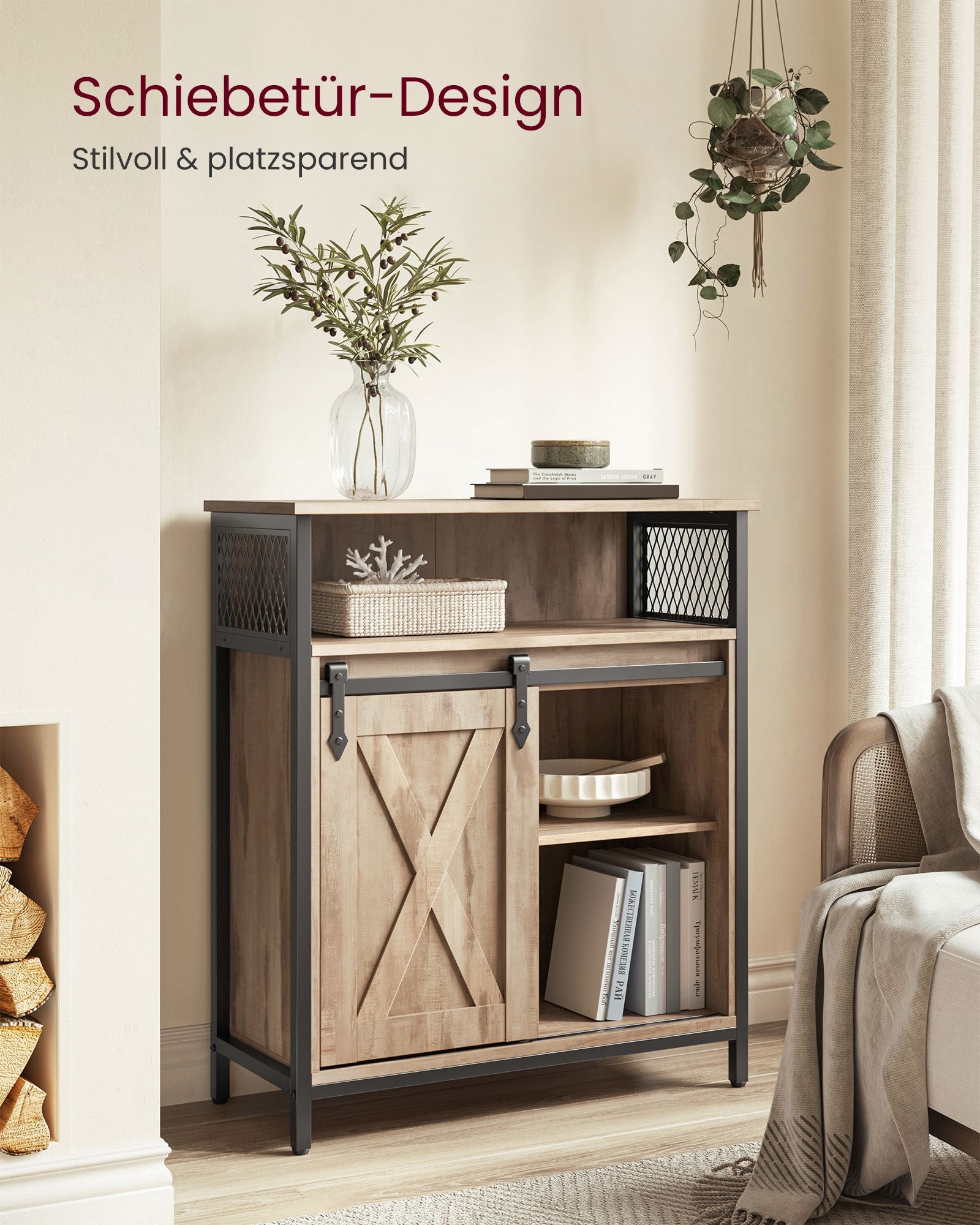 Sideboard mit Schiebetür Landhausstil eichenbraun-schwarz