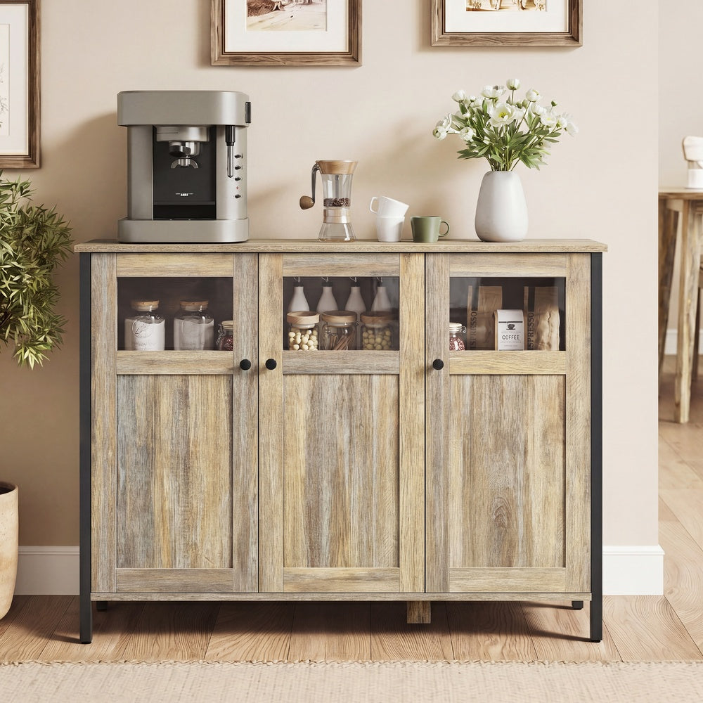 Sideboard blausteinbraun-mattschwarz Glastüren Stahlrahmen