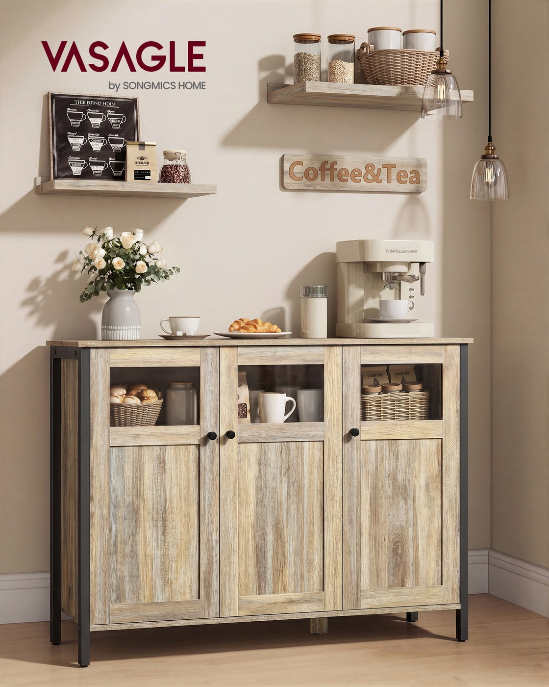 Sideboard blausteinbraun-mattschwarz Glastüren Stahlrahmen