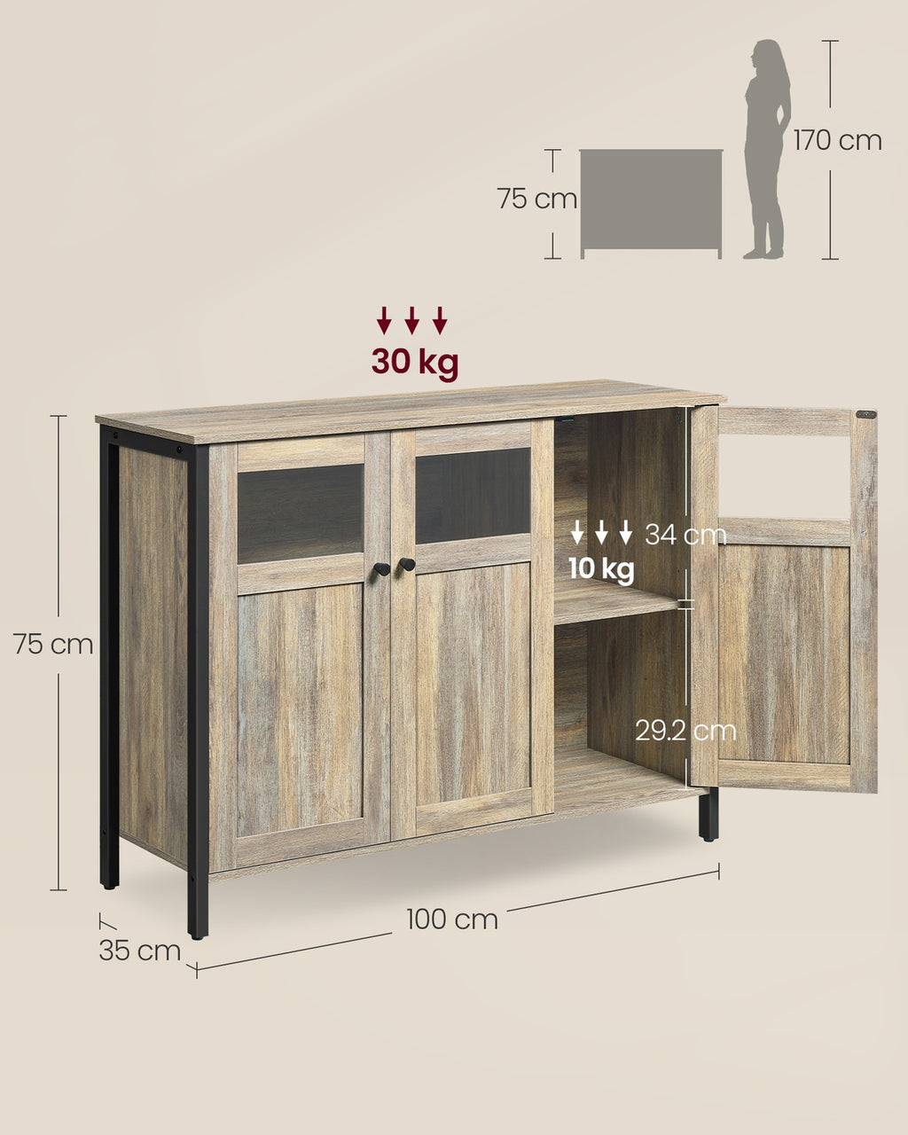 Sideboard blausteinbraun-mattschwarz Glastüren Stahlrahmen
