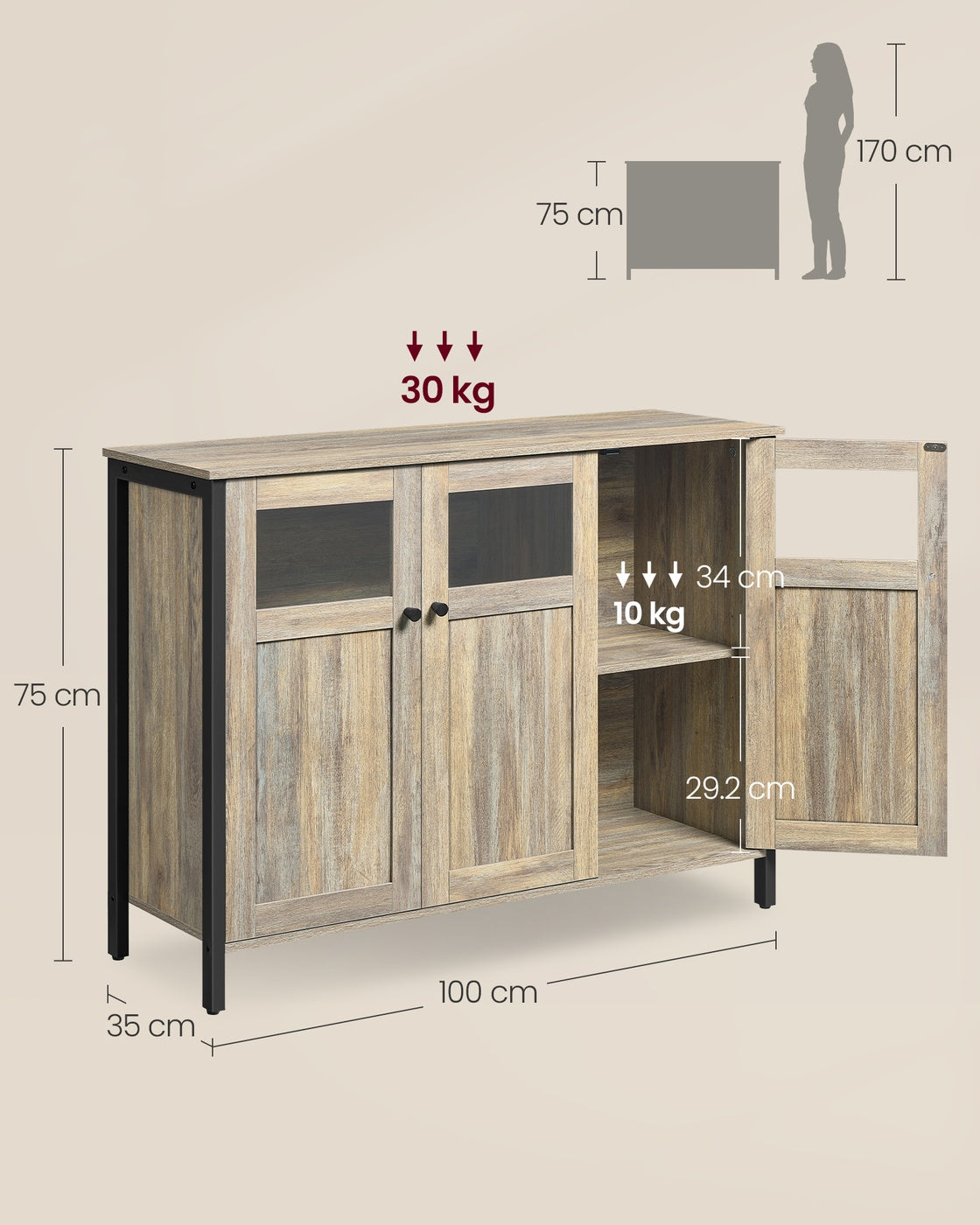 Sideboard blausteinbraun-mattschwarz Glastüren Stahlrahmen