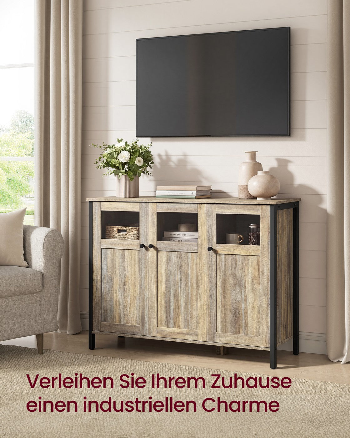 Sideboard blausteinbraun-mattschwarz Glastüren Stahlrahmen