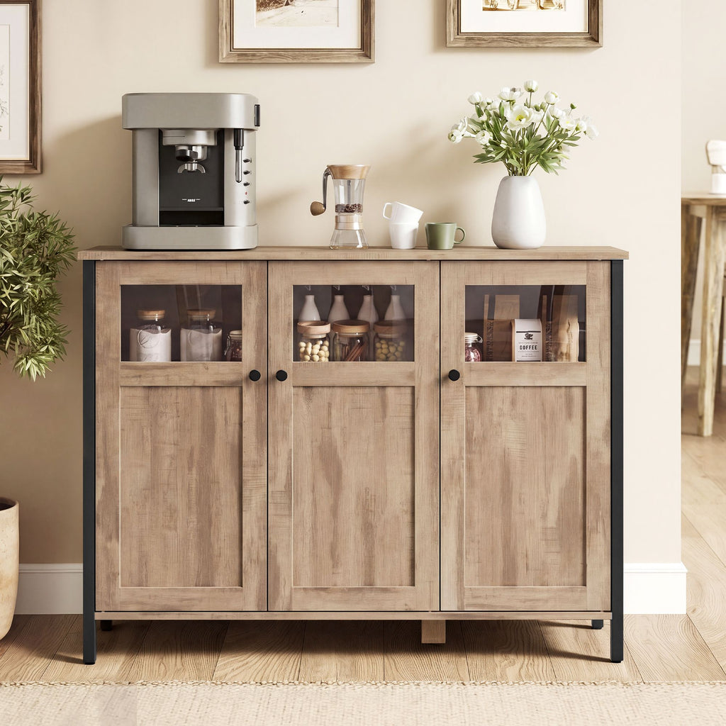 VASAGLE Sideboard, Küchenschrank, Aufbewahrungsschrank, mit Glastüren, für Wohnzimmer, Küche, Esszimmer, Stahlrahmen, Industriestil, kamelbraun-tintenschwarz LSC099K02