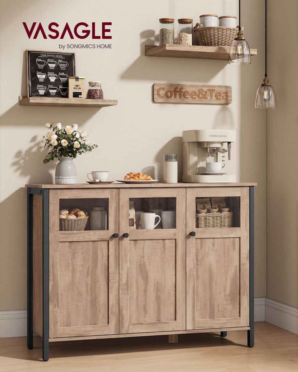 VASAGLE Sideboard, Küchenschrank, Aufbewahrungsschrank, mit Glastüren, für Wohnzimmer, Küche, Esszimmer, Stahlrahmen, Industriestil, kamelbraun-tintenschwarz LSC099K02