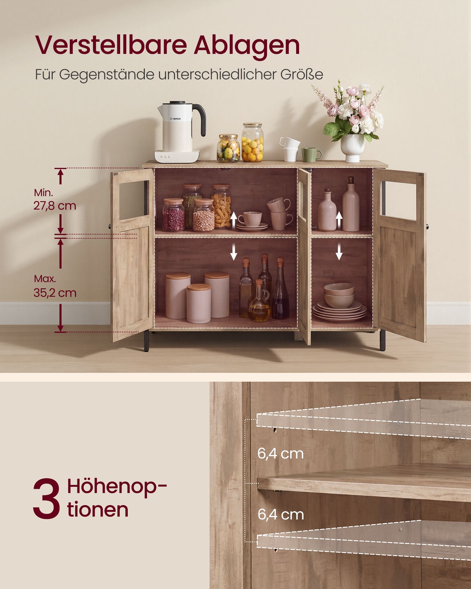 VASAGLE Sideboard, Küchenschrank, Aufbewahrungsschrank, mit Glastüren, für Wohnzimmer, Küche, Esszimmer, Stahlrahmen, Industriestil, kamelbraun-tintenschwarz LSC099K02