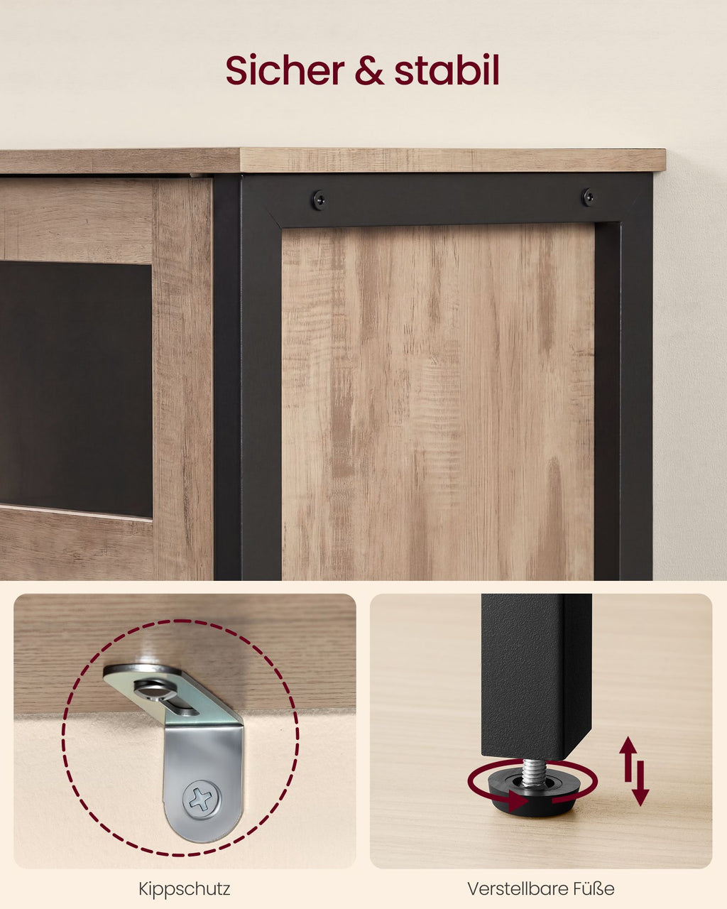 VASAGLE Sideboard, Küchenschrank, Aufbewahrungsschrank, mit Glastüren, für Wohnzimmer, Küche, Esszimmer, Stahlrahmen, Industriestil, kamelbraun-tintenschwarz LSC099K02