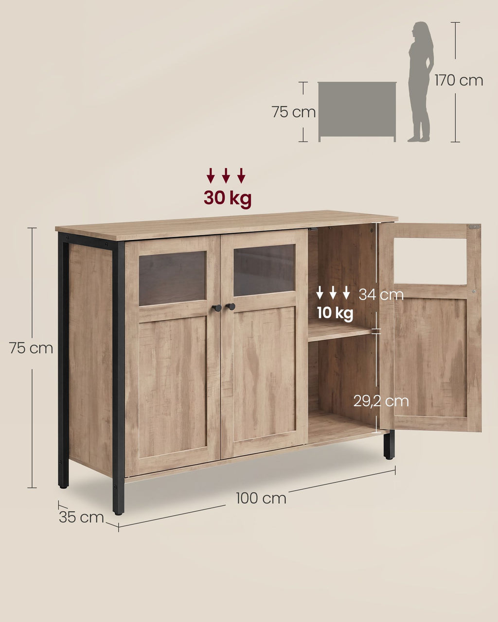 VASAGLE Sideboard, Küchenschrank, Aufbewahrungsschrank, mit Glastüren, für Wohnzimmer, Küche, Esszimmer, Stahlrahmen, Industriestil, kamelbraun-tintenschwarz LSC099K02