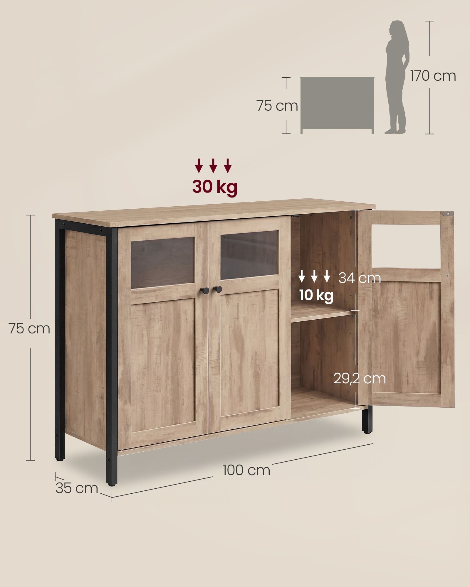 VASAGLE Sideboard, Küchenschrank, Aufbewahrungsschrank, mit Glastüren, für Wohnzimmer, Küche, Esszimmer, Stahlrahmen, Industriestil, kamelbraun-tintenschwarz LSC099K02