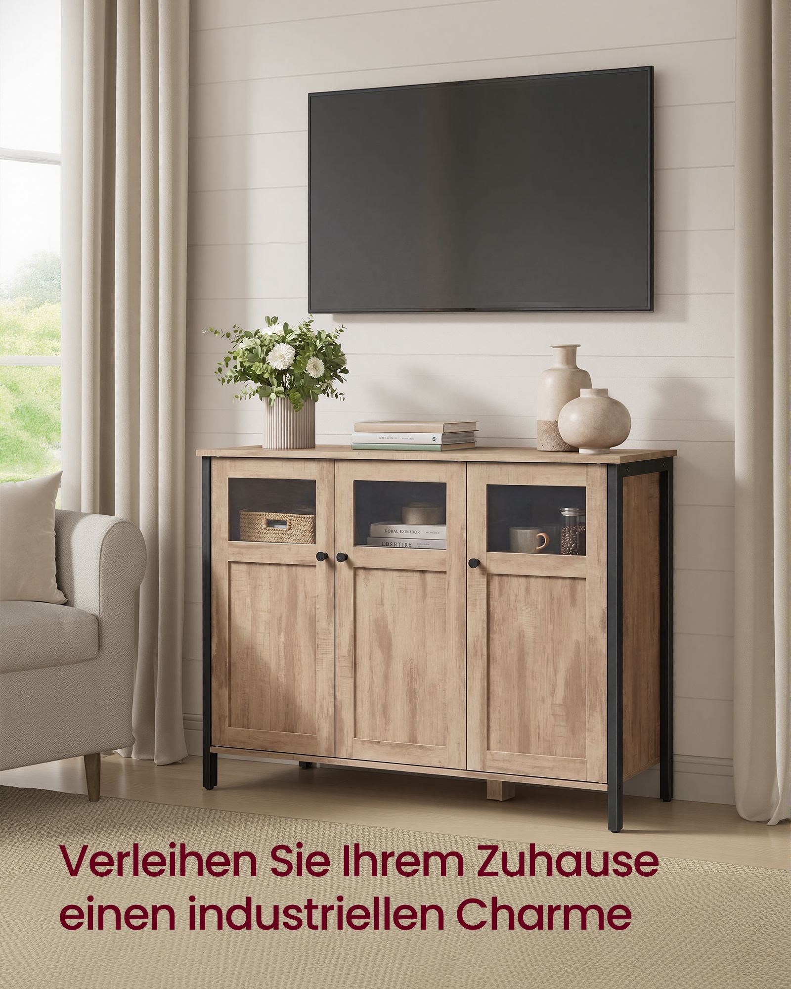 VASAGLE Sideboard, Küchenschrank, Aufbewahrungsschrank, mit Glastüren, für Wohnzimmer, Küche, Esszimmer, Stahlrahmen, Industriestil, kamelbraun-tintenschwarz LSC099K02
