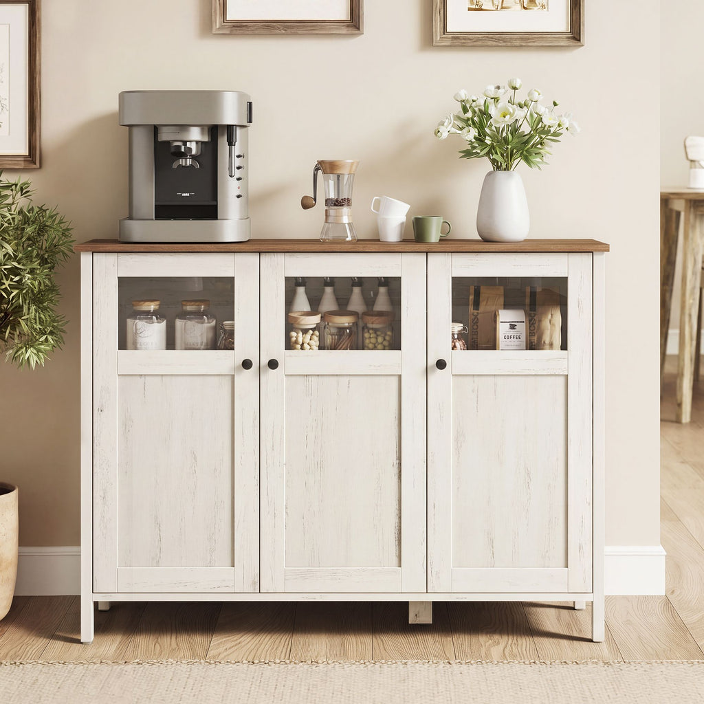 Sideboard wolkenweiß Glastüren Stahlrahmen Industriestil
