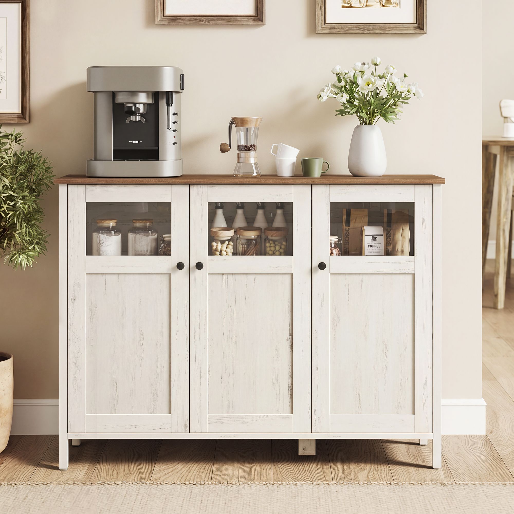 Sideboard wolkenweiß Glastüren Stahlrahmen Industriestil