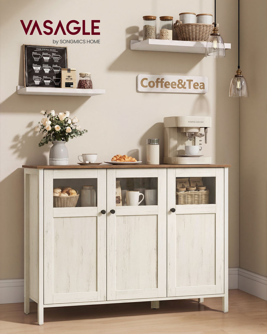 Sideboard wolkenweiß Glastüren Stahlrahmen Industriestil