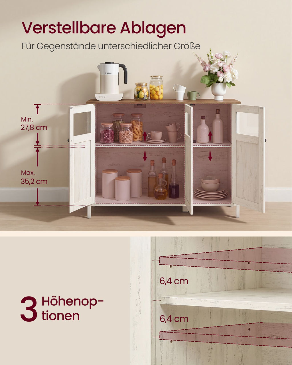 Sideboard wolkenweiß Glastüren Stahlrahmen Industriestil