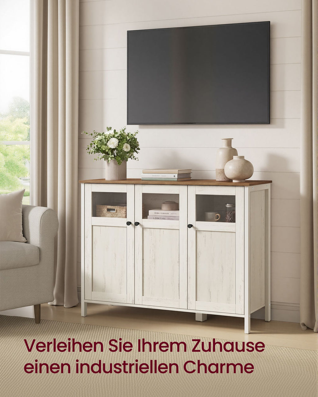 Sideboard wolkenweiß Glastüren Stahlrahmen Industriestil