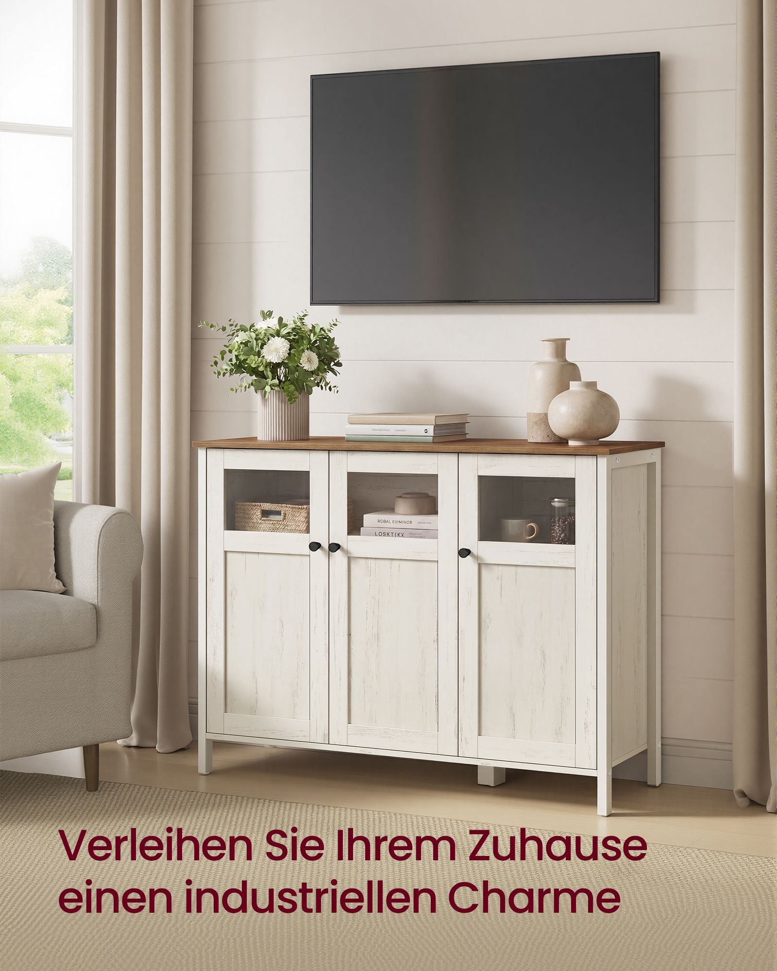 Sideboard wolkenweiß Glastüren Stahlrahmen Industriestil