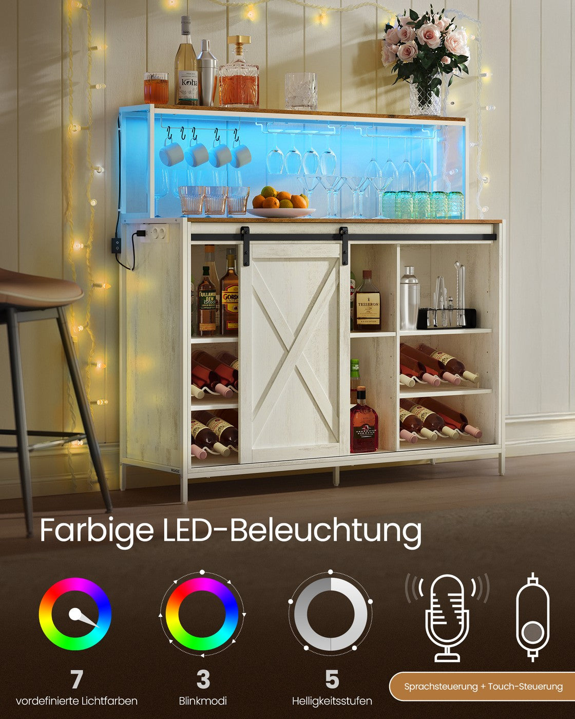 "Barschrank mit LED-Beleuchtung Steckdosenleiste Schiebetüren vintageweiß-honigbraun "