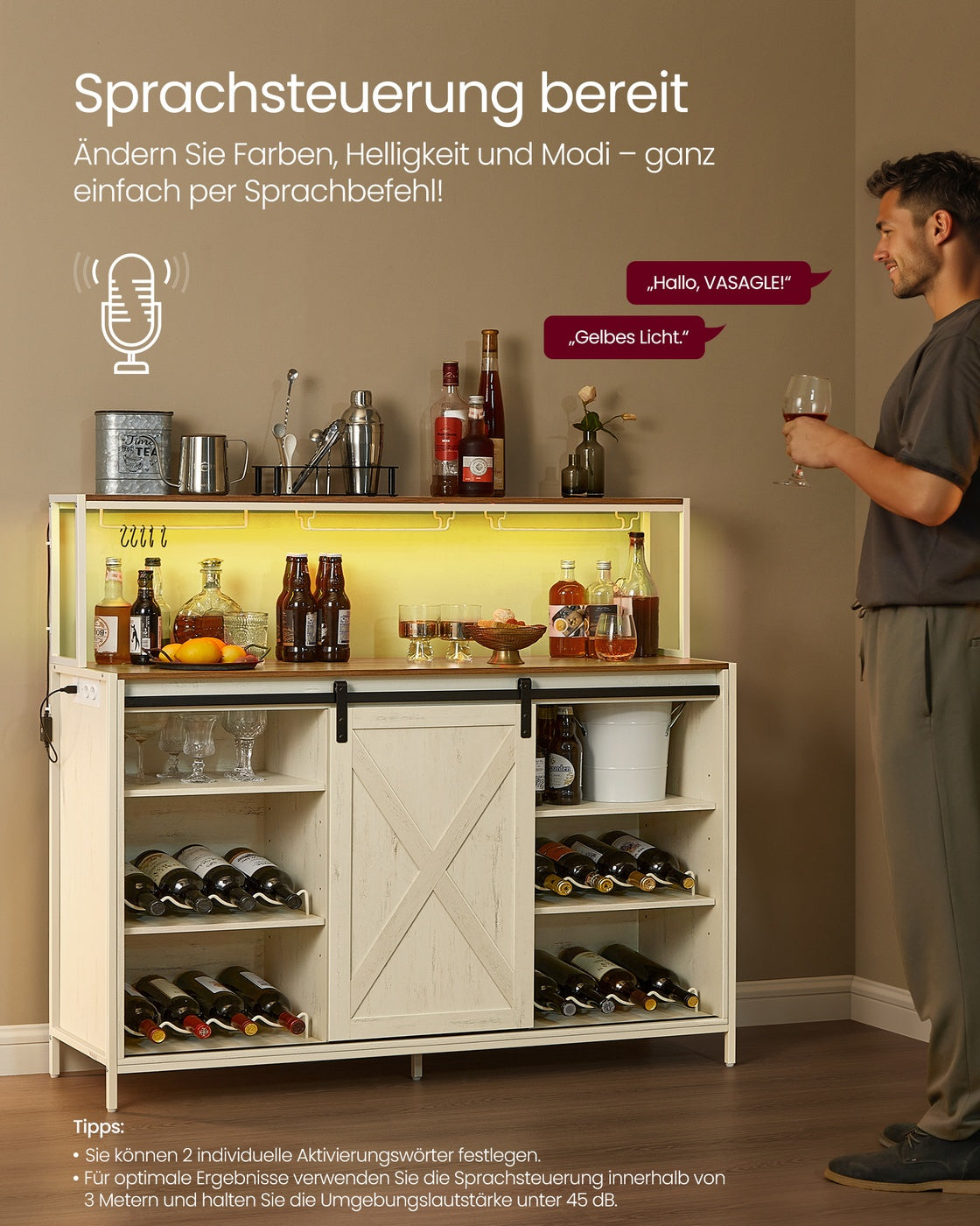 "Barschrank mit LED-Beleuchtung Steckdosenleiste Schiebetüren vintageweiß-honigbraun "
