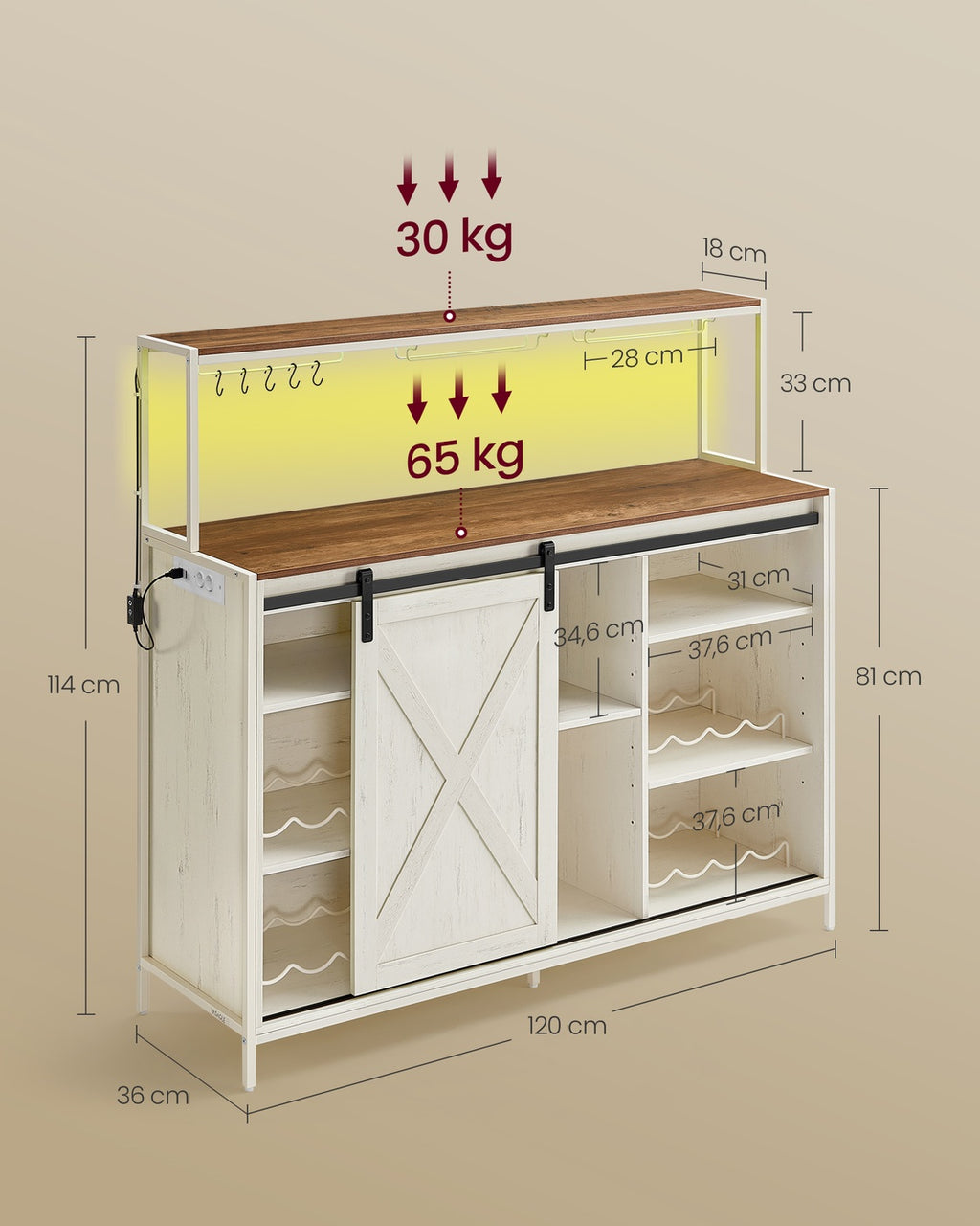 "Barschrank mit LED-Beleuchtung Steckdosenleiste Schiebetüren vintageweiß-honigbraun "