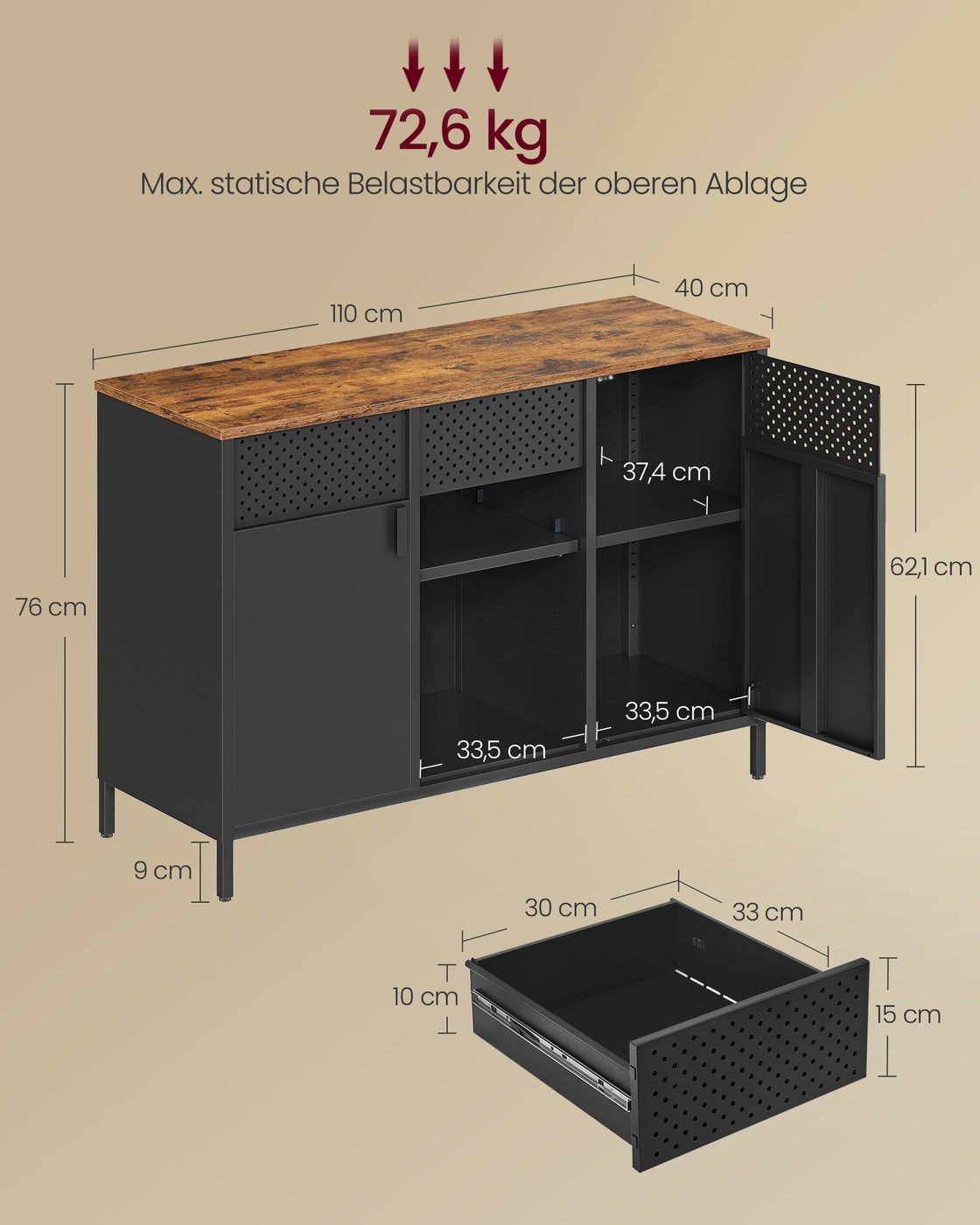 Metallschrank mit verstellbaren Böden und Magnetverschluss