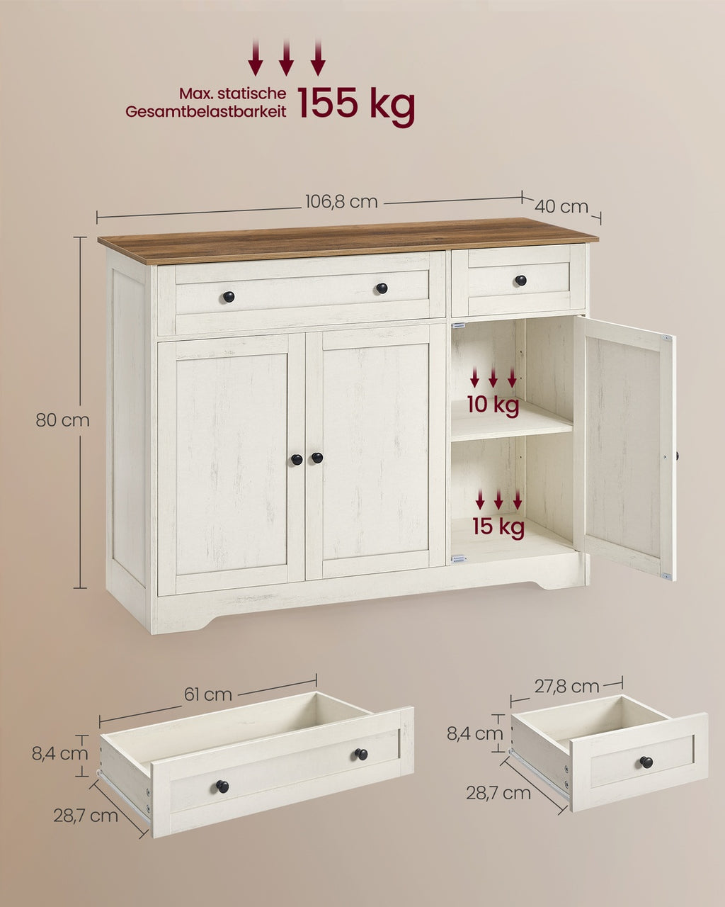 Küchenschrank vintageweiß 40x106,8x80 cm Landhausstil 3 Türen