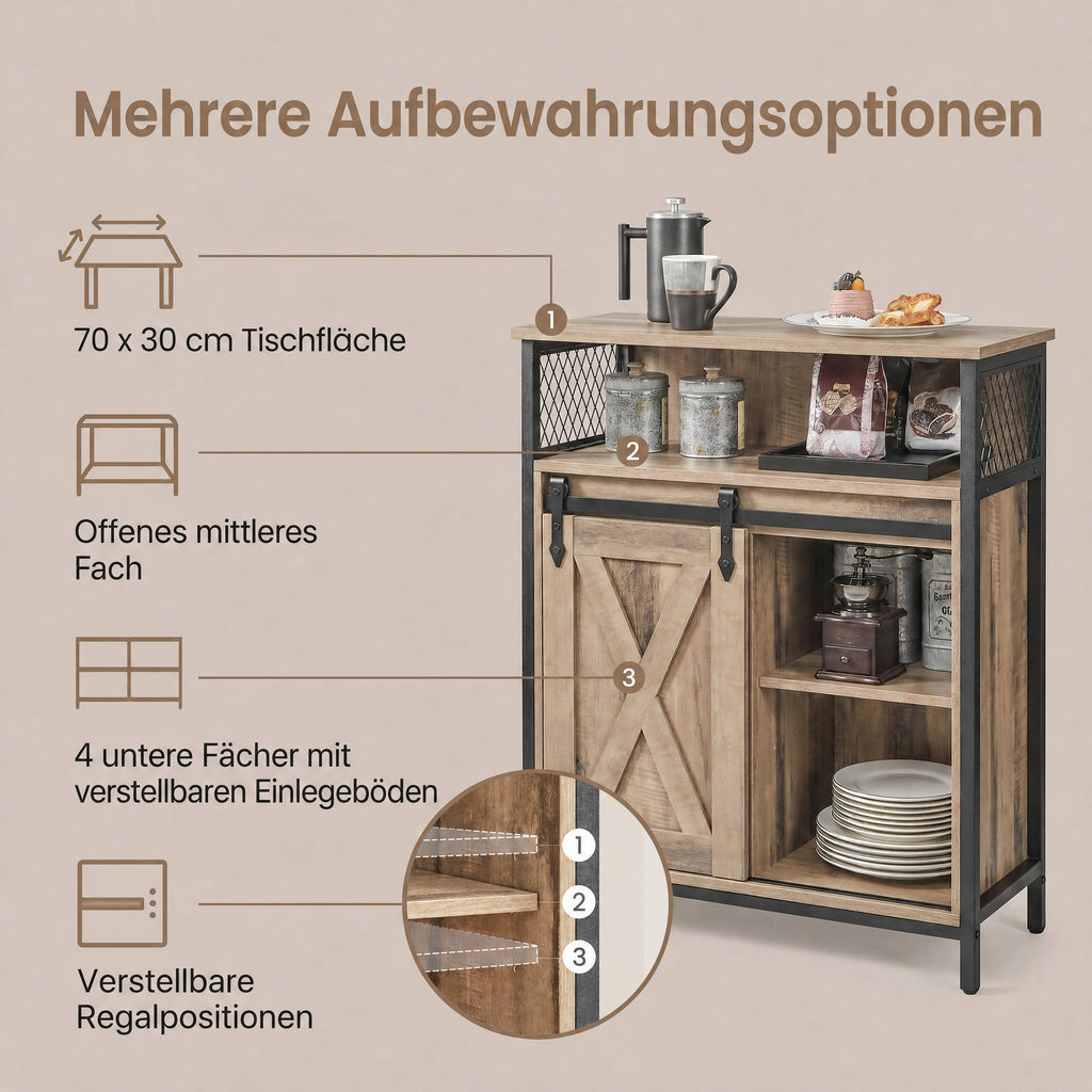 Aufbewahrungsschrank, Küchenschrank mit Schiebetür, offenes Fach