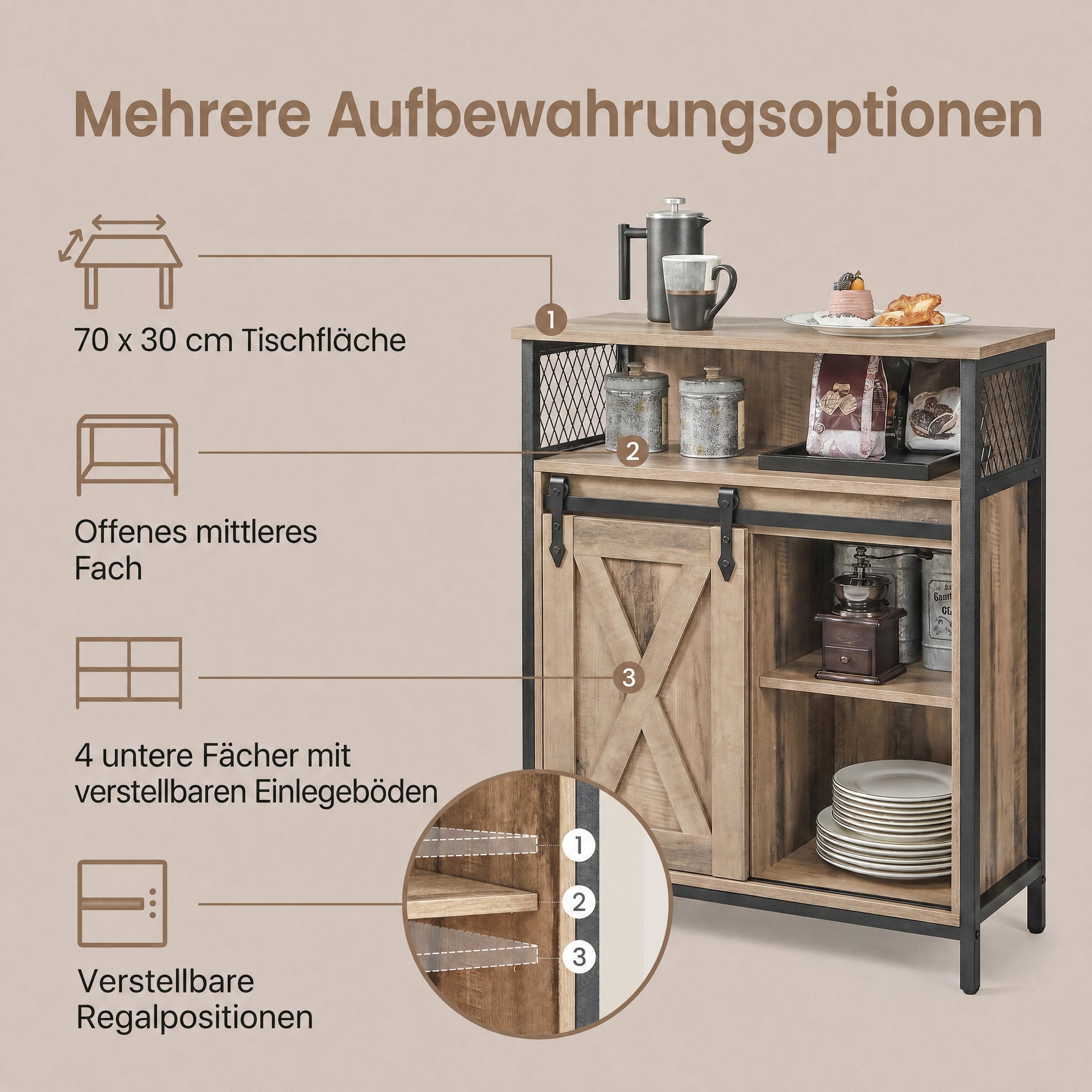 Aufbewahrungsschrank, Küchenschrank mit Schiebetür, offenes Fach