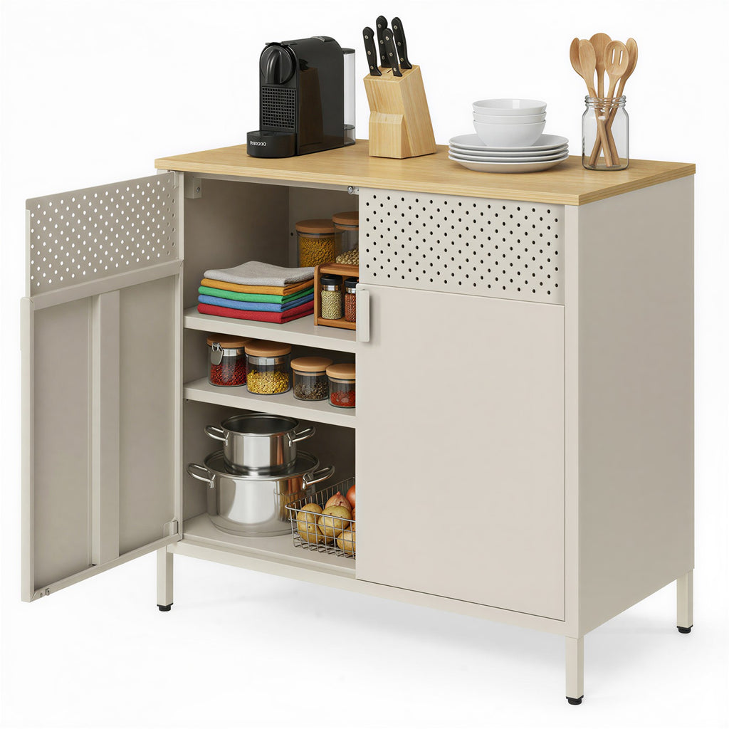 Metallschrank mit Doppeltür, Aufbewahrungsschrank für Wohnzimmer, sandbeige-naturbeige