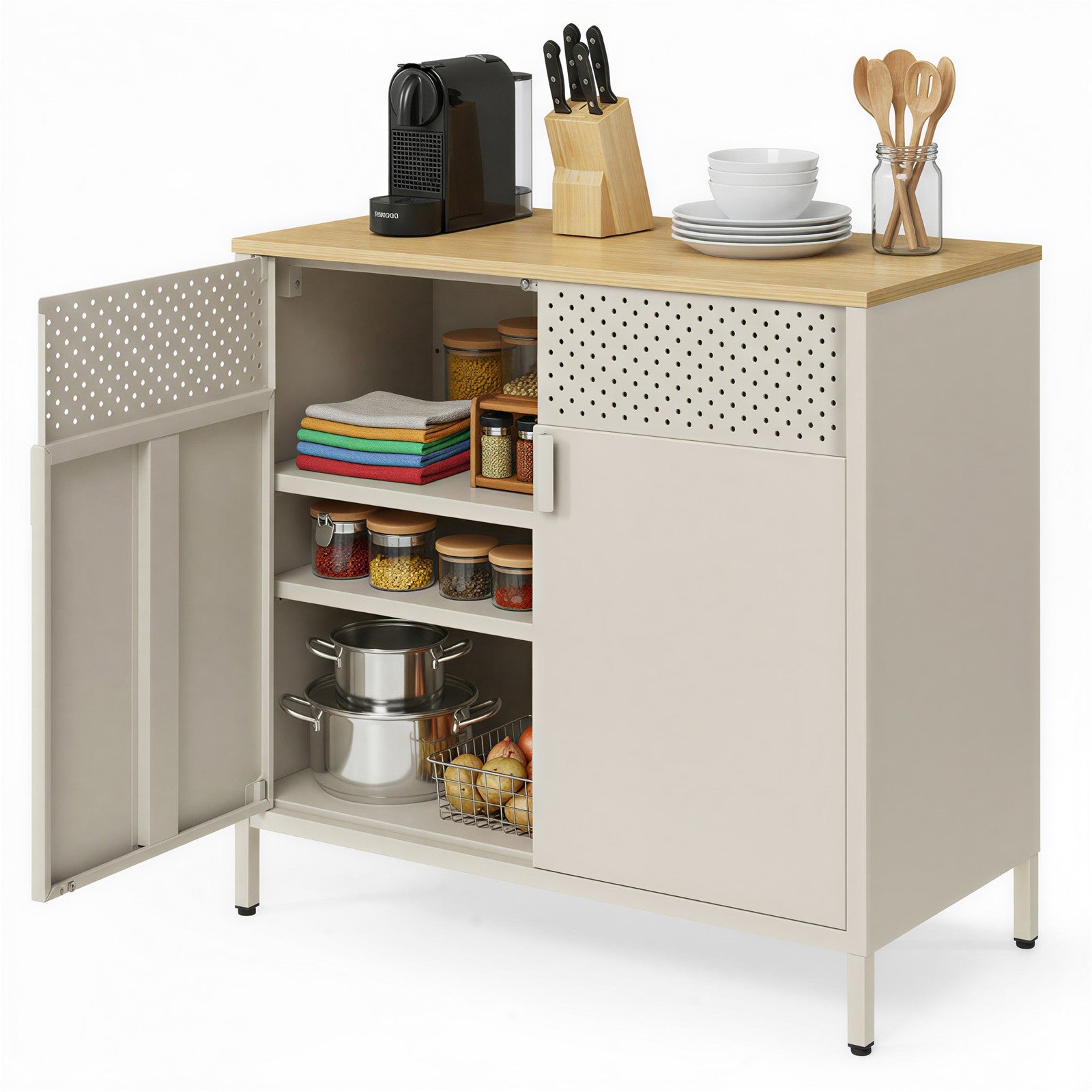 Metallschrank mit Doppeltür, Aufbewahrungsschrank für Wohnzimmer, sandbeige-naturbeige