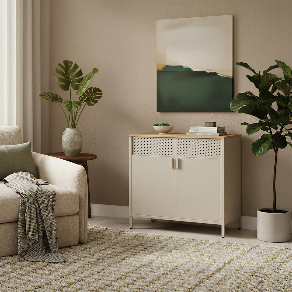 Metallschrank mit Doppeltür, Aufbewahrungsschrank für Wohnzimmer, sandbeige-naturbeige