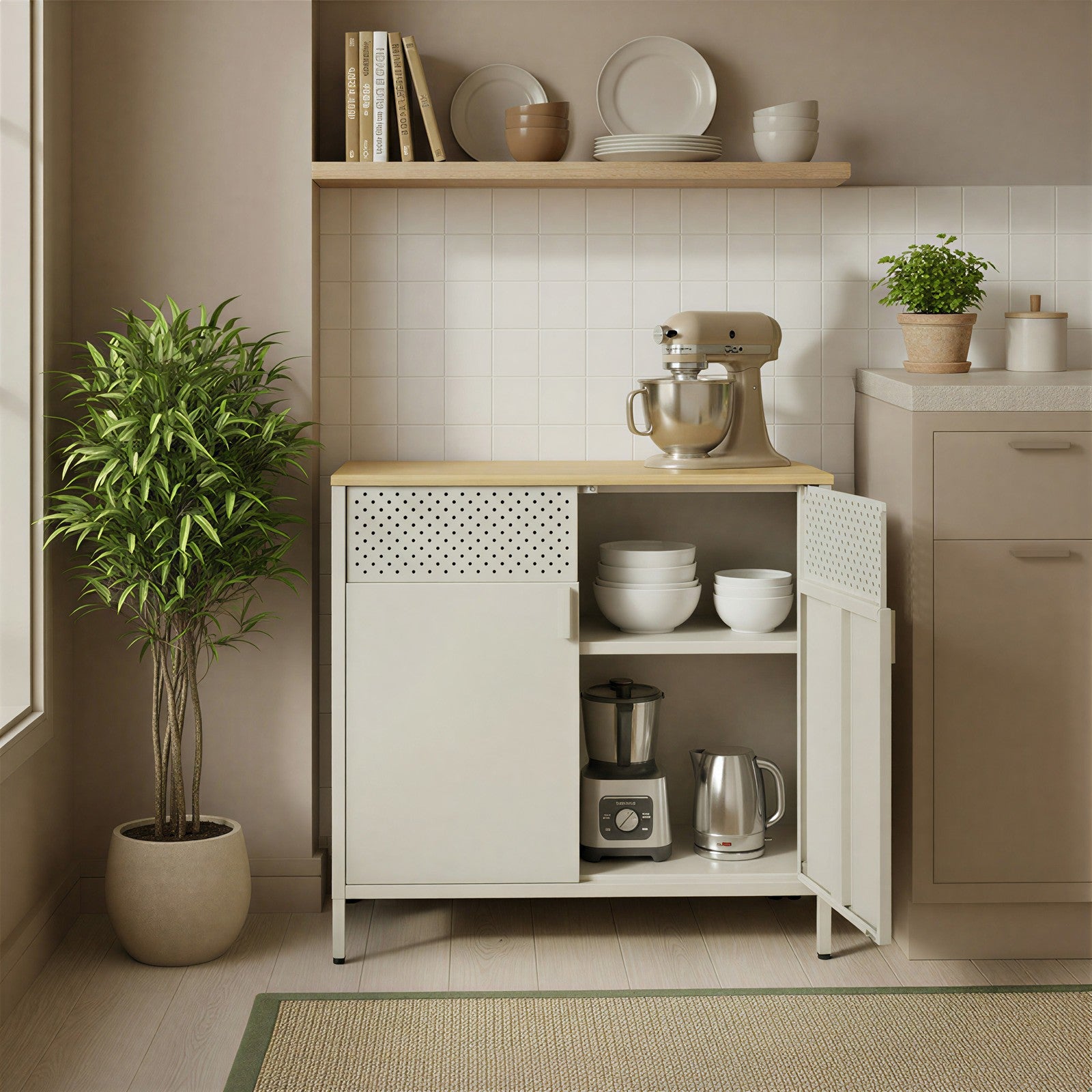 Metallschrank mit Doppeltür, Aufbewahrungsschrank für Wohnzimmer, sandbeige-naturbeige