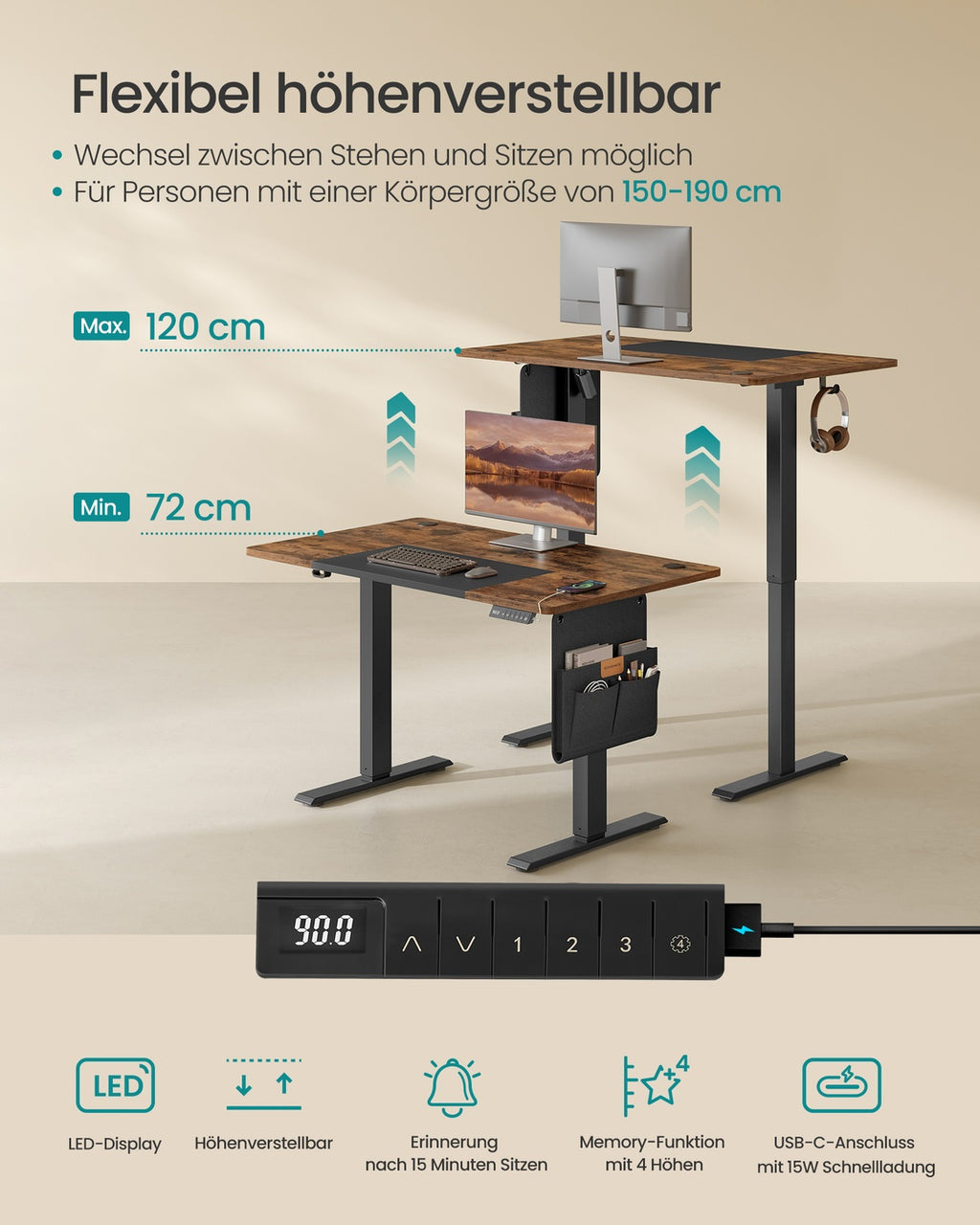 Höhenverstellbarer Schreibtisch vintagebraun-schwarz