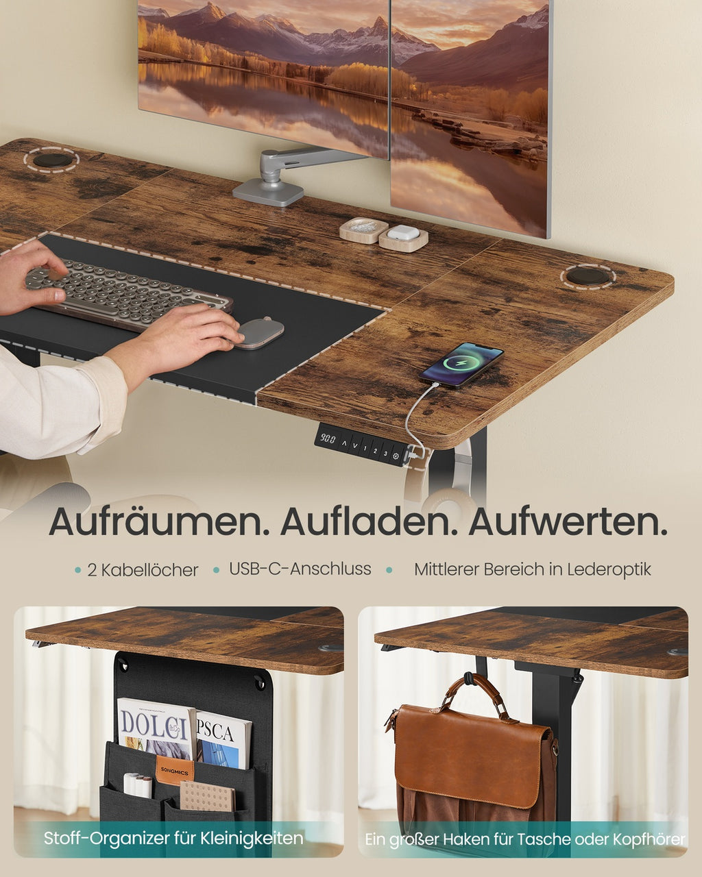 Höhenverstellbarer Schreibtisch vintagebraun-schwarz