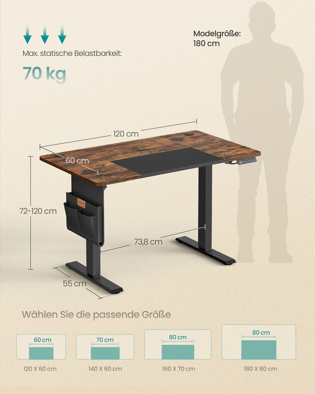 Höhenverstellbarer Schreibtisch vintagebraun-schwarz