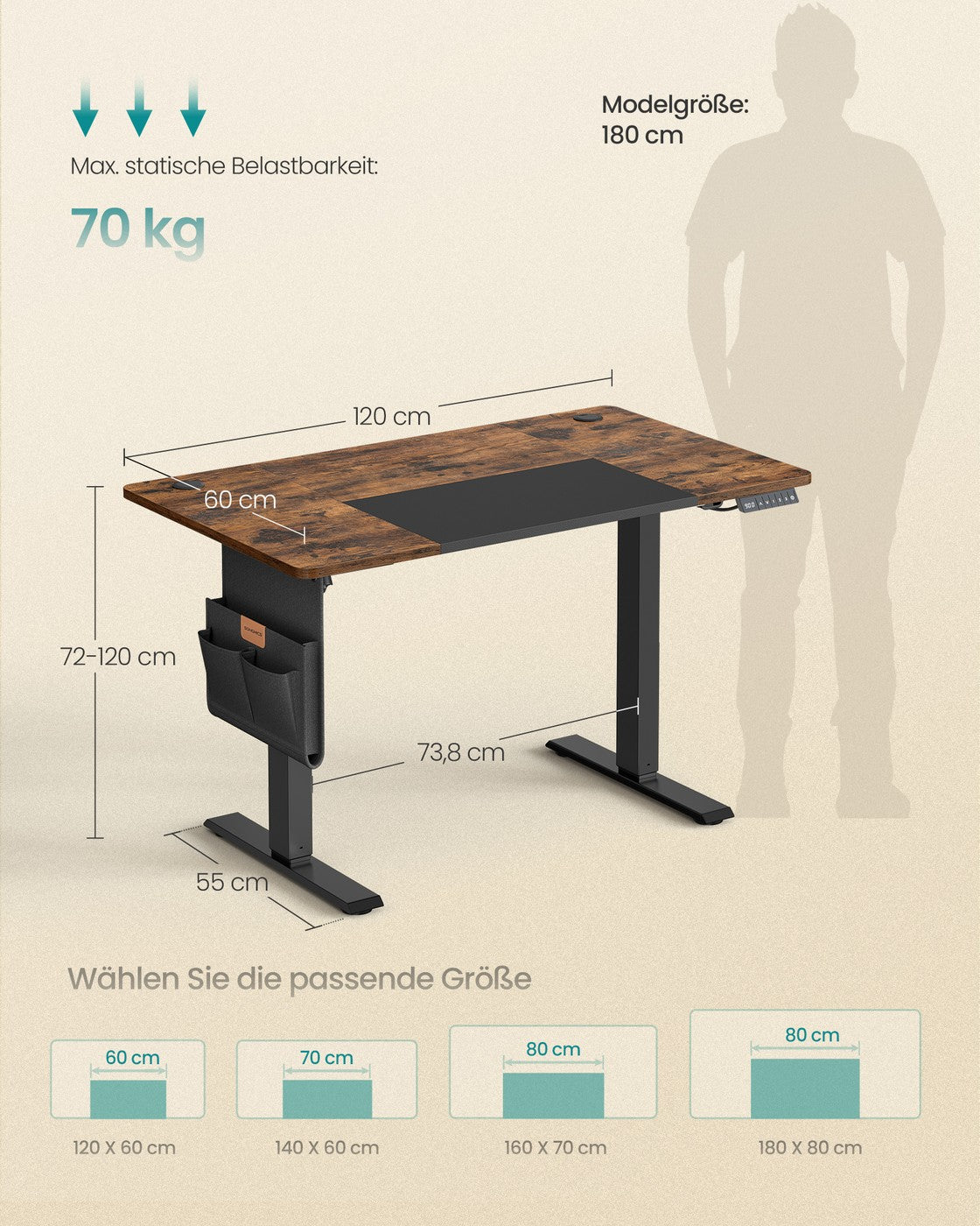 Höhenverstellbarer Schreibtisch vintagebraun-schwarz